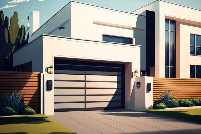sectional modern residence with aluminum gates for garage