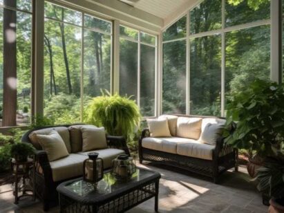 A contemporary screened porch featuring brand new patio furniture