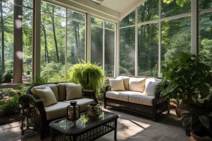 A contemporary screened porch featuring brand new patio furniture