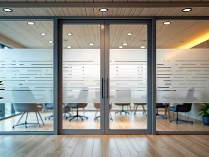 Modern frosted glass impact door opens into bright contemporary