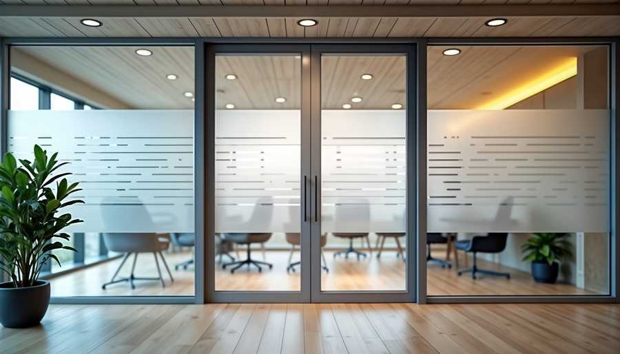 Modern frosted glass impact door opens into bright contemporary