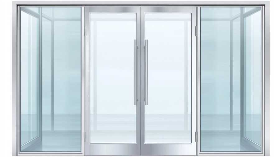 Modern impact glass door with metal frames and handles on transparent background that can be installed on Coastal Homes