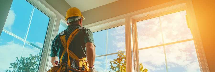 Window installer fitting new impact window in a home after hailstorm damage