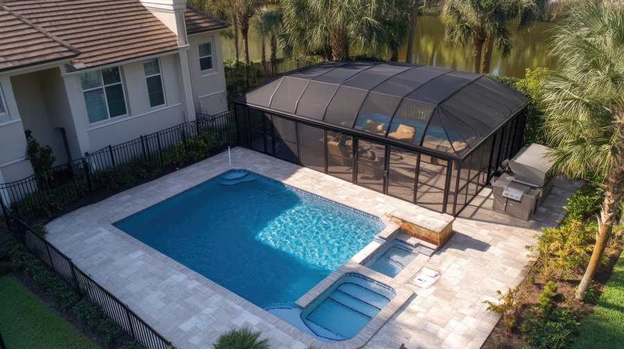 Professional Pool Cover Installation Over a Residential Swimming Pool with Landscaping and Screened Enclosure
