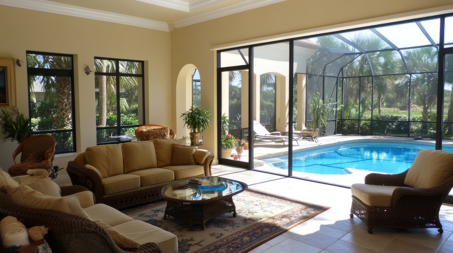 A living room with sliding doors opening onto a patio with a swimming pool and screen enclosure