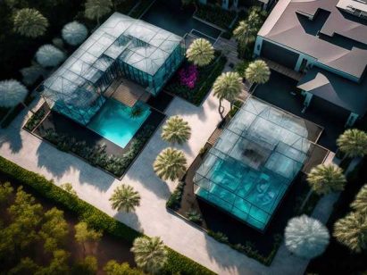 Aerial picture of posh contemporary homes in Florida with outdoor swimming screened pools