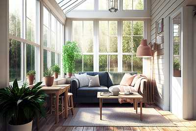 Modern bright sunroom room with glass windows